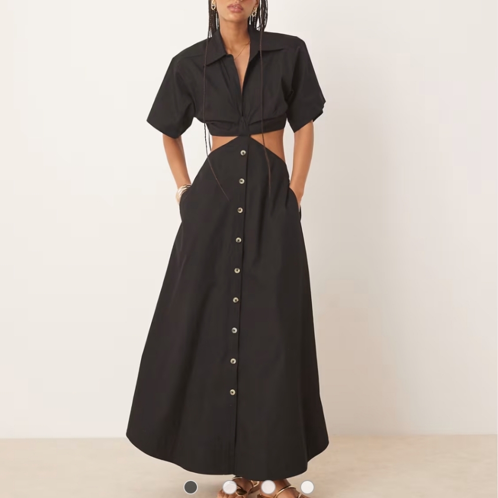 ASOS DESIGN v neck cut out waist midi dress in black